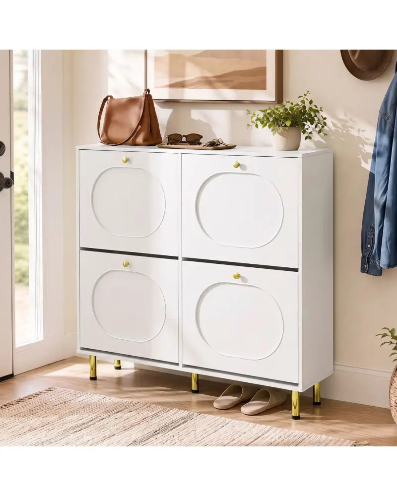 Shoe Storage Cabinet with 4 Flip Drawers and Aluminum Legs-White - White - Shoe Racks & Storage Benches