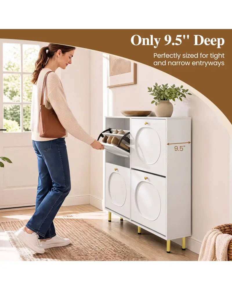 Shoe Storage Cabinet with 4 Flip Drawers and Aluminum Legs-White - White - Shoe Racks & Storage Benches