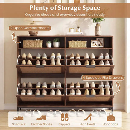 Shoe Storage Cabinet with 4 Flip Drawers Narrow Freestanding Shoe Organizer with Adjustable Shelves-Brown - Natural