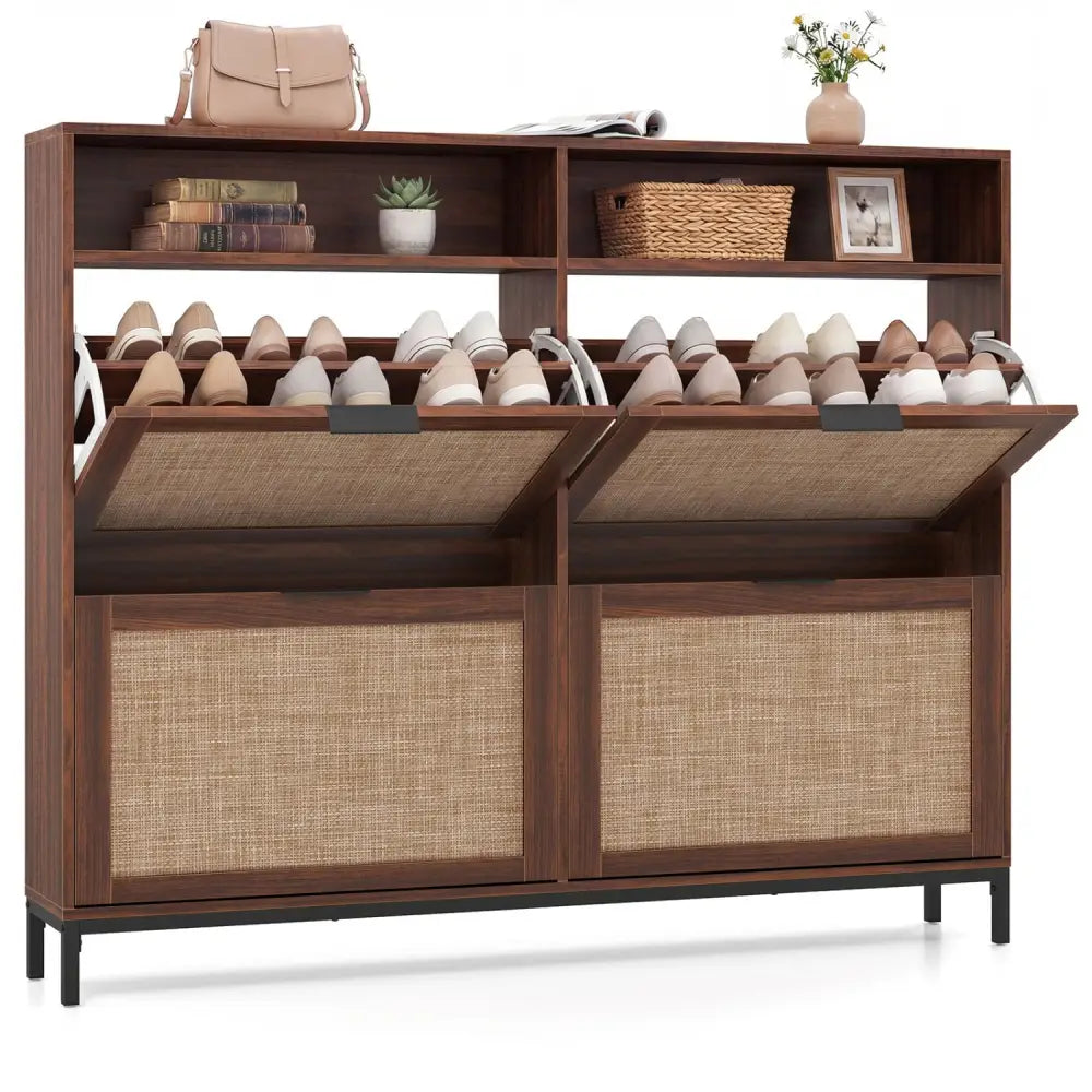 Shoe Storage Cabinet with 4 Flip Drawers Narrow Freestanding Shoe Organizer with Adjustable Shelves-Brown - Natural