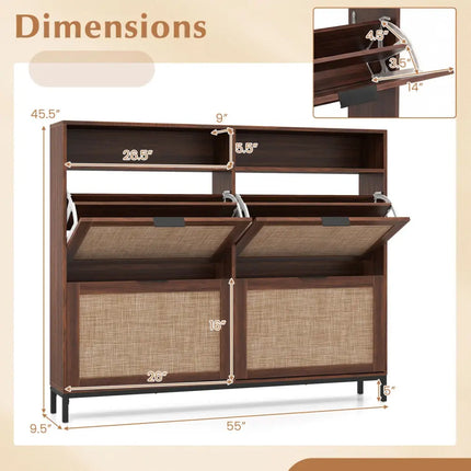 Shoe Storage Cabinet with 4 Flip Drawers Narrow Freestanding Shoe Organizer with Adjustable Shelves-Brown - Natural