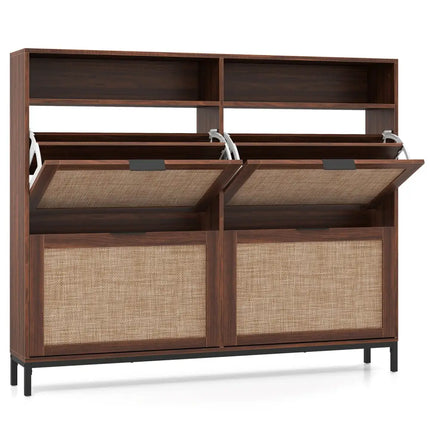 Shoe Storage Cabinet with 4 Flip Drawers Narrow Freestanding Shoe Organizer with Adjustable Shelves-Brown - Natural
