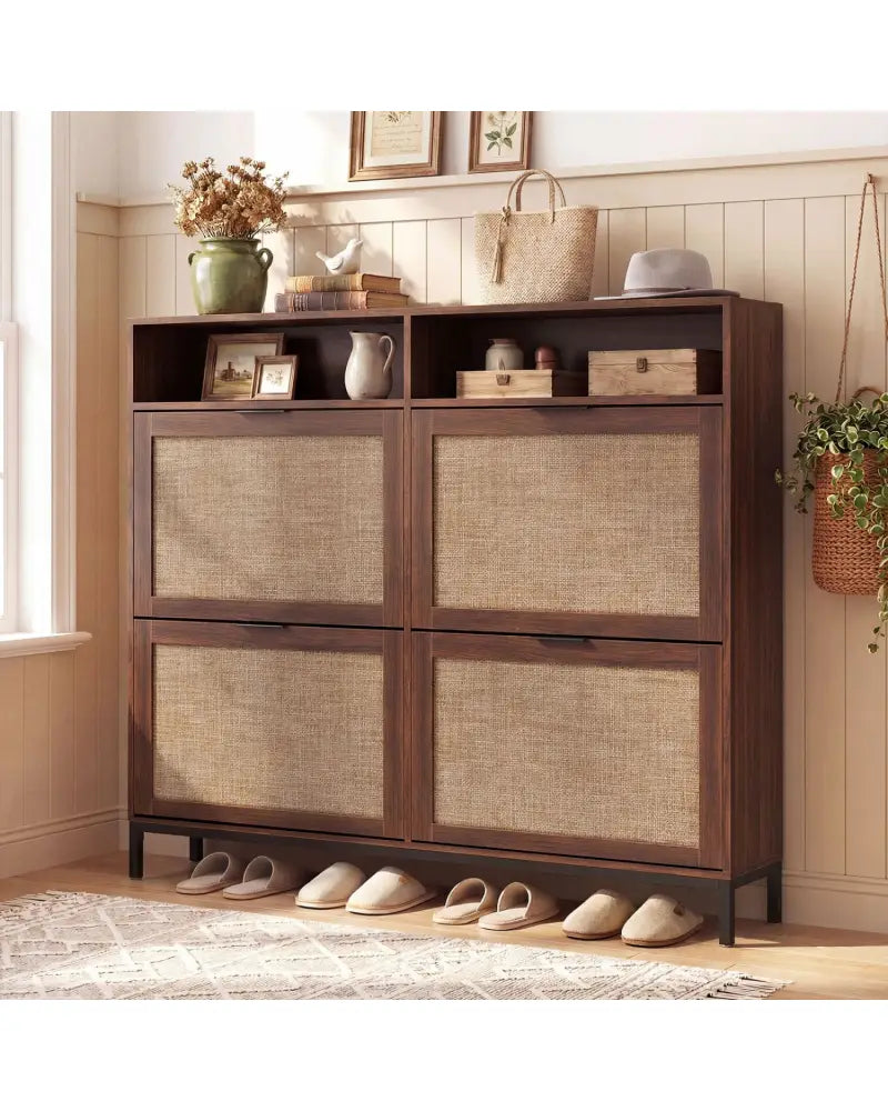 Shoe Storage Cabinet with 4 Flip Drawers Narrow Freestanding Shoe Organizer with Adjustable Shelves-Brown - Natural