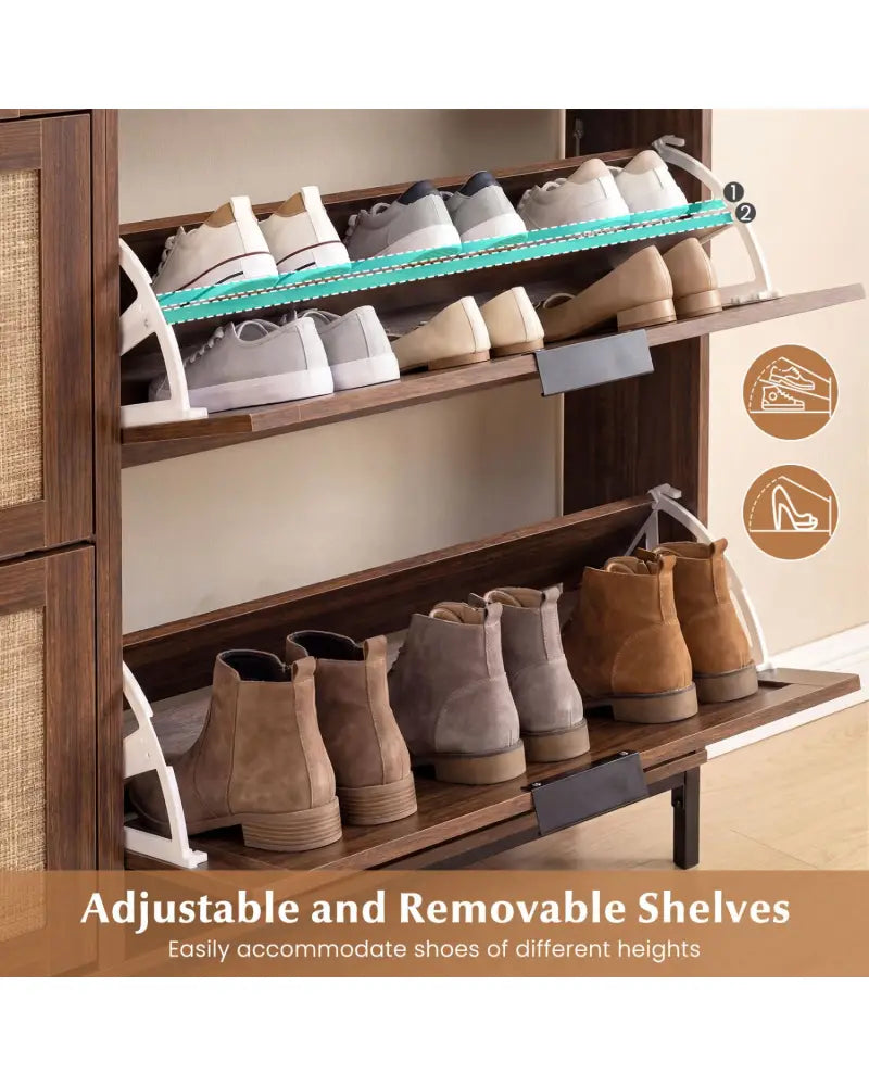 Shoe Storage Cabinet with 4 Flip Drawers Narrow Freestanding Shoe Organizer with Adjustable Shelves-Brown - Natural
