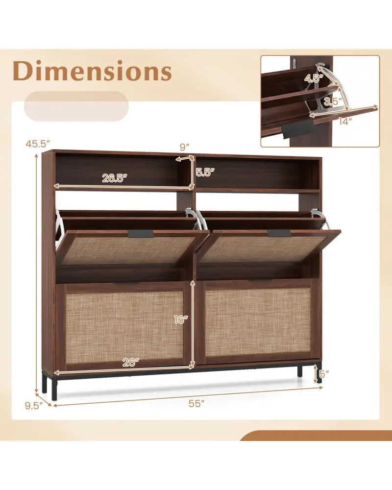 Shoe Storage Cabinet with 4 Flip Drawers Narrow Freestanding Shoe Organizer with Adjustable Shelves-Brown - Natural