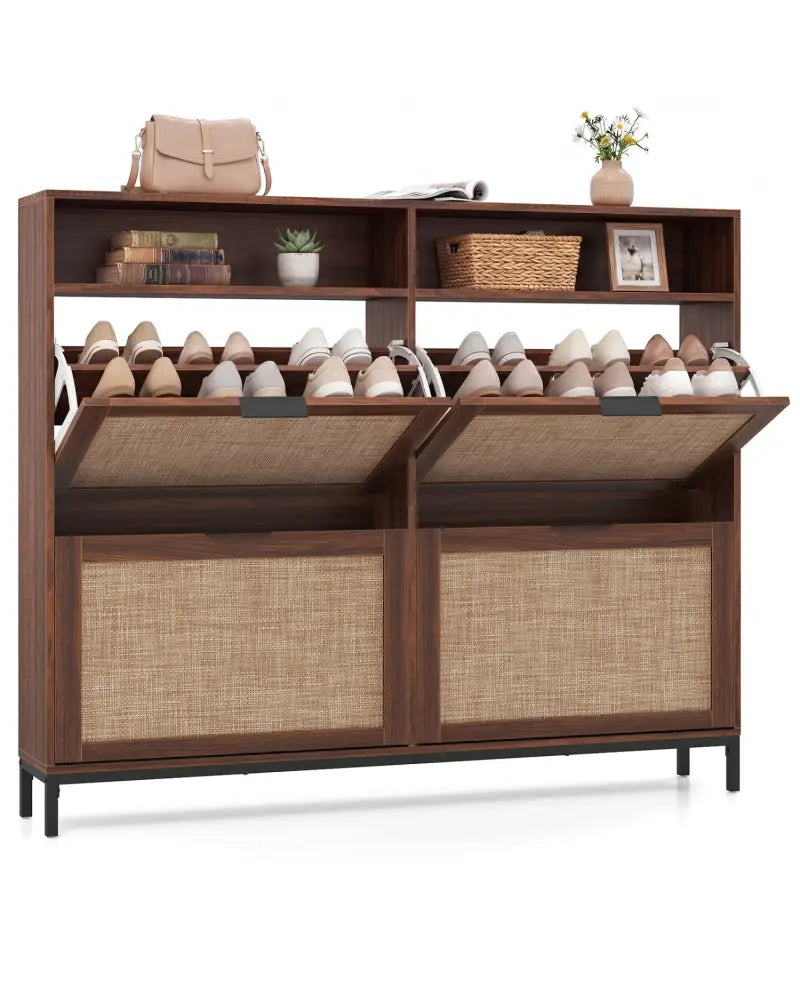 Shoe Storage Cabinet with 4 Flip Drawers Narrow Freestanding Shoe Organizer with Adjustable Shelves-Brown - Natural