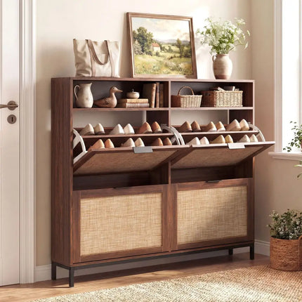 Shoe Storage Cabinet with 4 Flip Drawers Narrow Freestanding Shoe Organizer with Adjustable Shelves-Brown - Natural