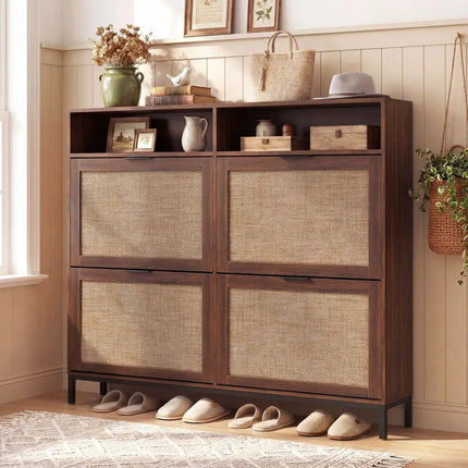 Shoe Storage Cabinet with 4 Flip Drawers Narrow Freestanding Shoe Organizer with Adjustable Shelves-Brown - Natural