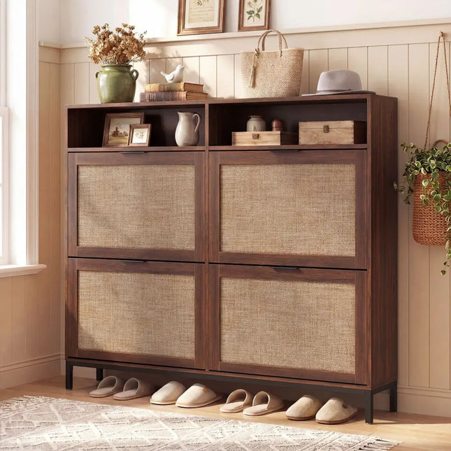 Shoe Storage Cabinet with 4 Flip Drawers Narrow Freestanding Shoe Organizer with Adjustable Shelves-Brown - Natural