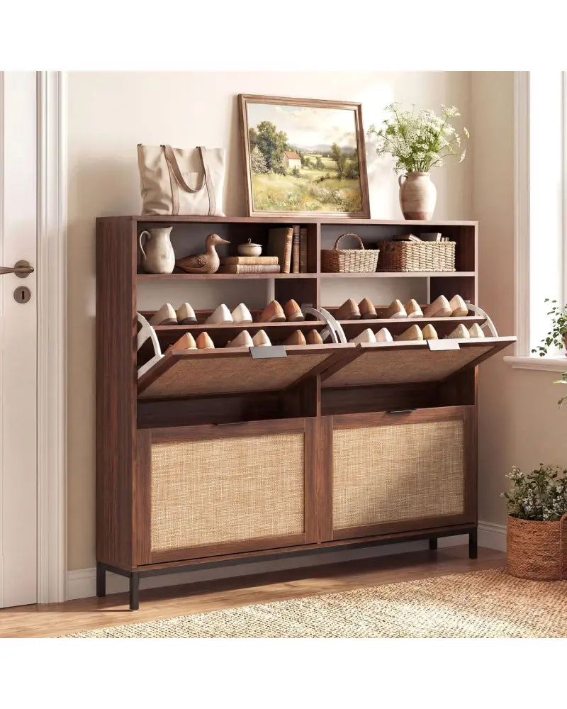 Shoe Storage Cabinet with 4 Flip Drawers Narrow Freestanding Shoe Organizer with Adjustable Shelves-Brown - Natural