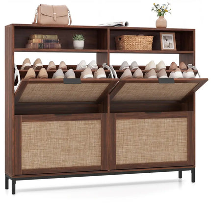 Shoe Storage Cabinet with 4 Flip Drawers Narrow Freestanding Shoe Organizer with Adjustable Shelves-Brown - Natural
