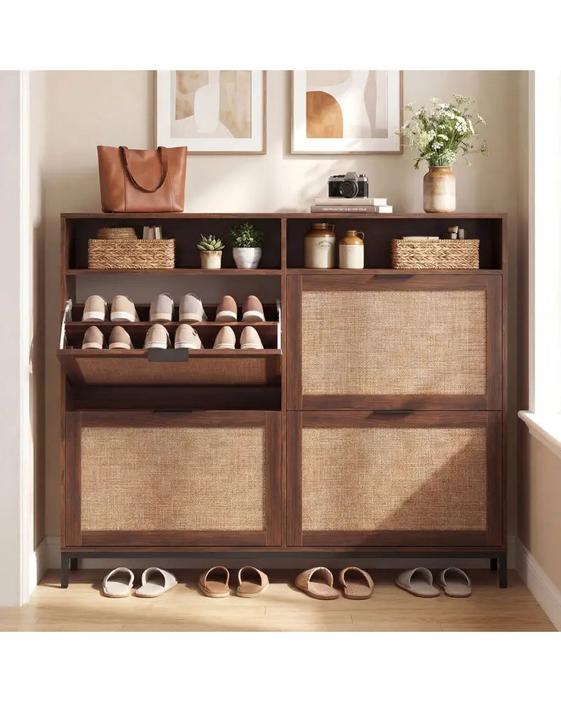 Shoe Storage Cabinet with 4 Flip Drawers Narrow Freestanding Shoe Organizer with Adjustable Shelves-Brown - Natural