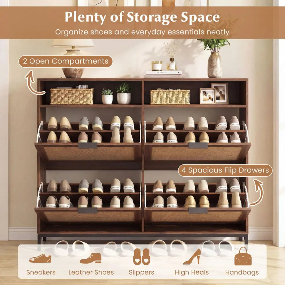 Shoe Storage Cabinet with 4 Flip Drawers Narrow Freestanding Shoe Organizer with Adjustable Shelves-Brown - Natural