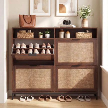 Shoe Storage Cabinet with 4 Flip Drawers Narrow Freestanding Shoe Organizer with Adjustable Shelves-Brown - Natural