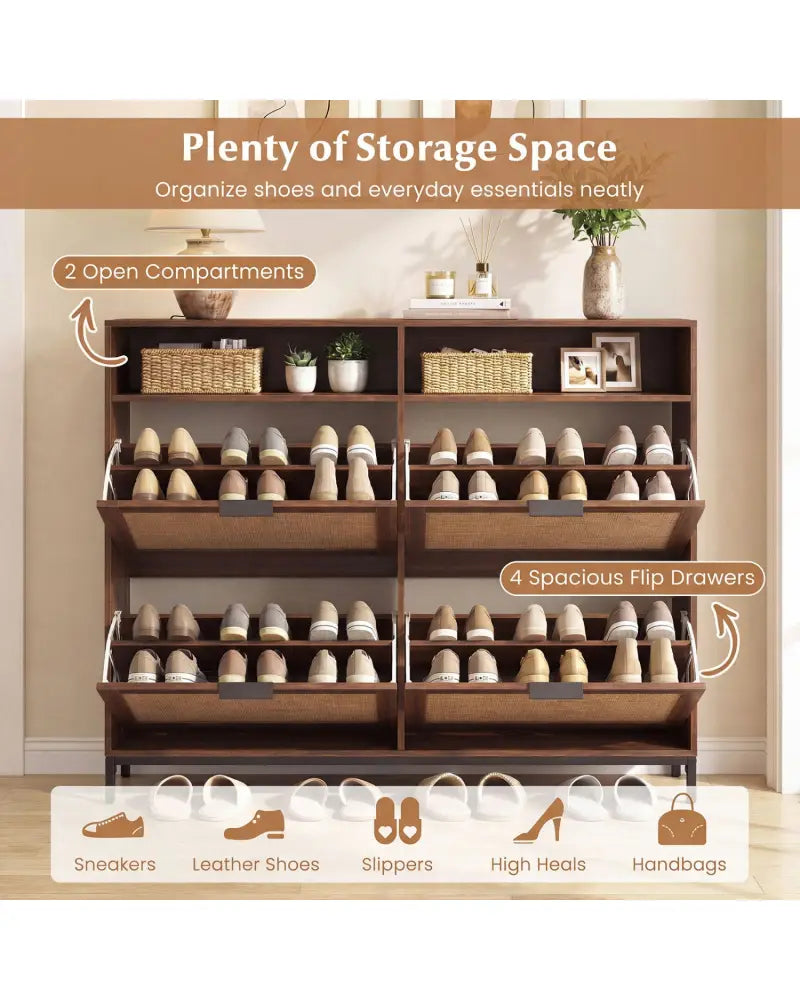 Shoe Storage Cabinet with 4 Flip Drawers Narrow Freestanding Shoe Organizer with Adjustable Shelves-Brown - Natural