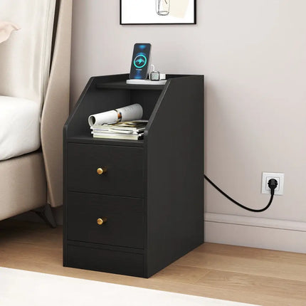 Side End Table with Charging Station Sofa Couch Table with Shelf Drawers-Black - Black - End & Side Tables