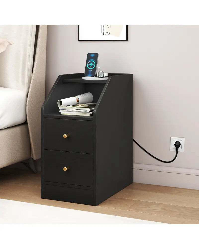 Side End Table with Charging Station Sofa Couch Table with Shelf Drawers-Black - Black - End & Side Tables