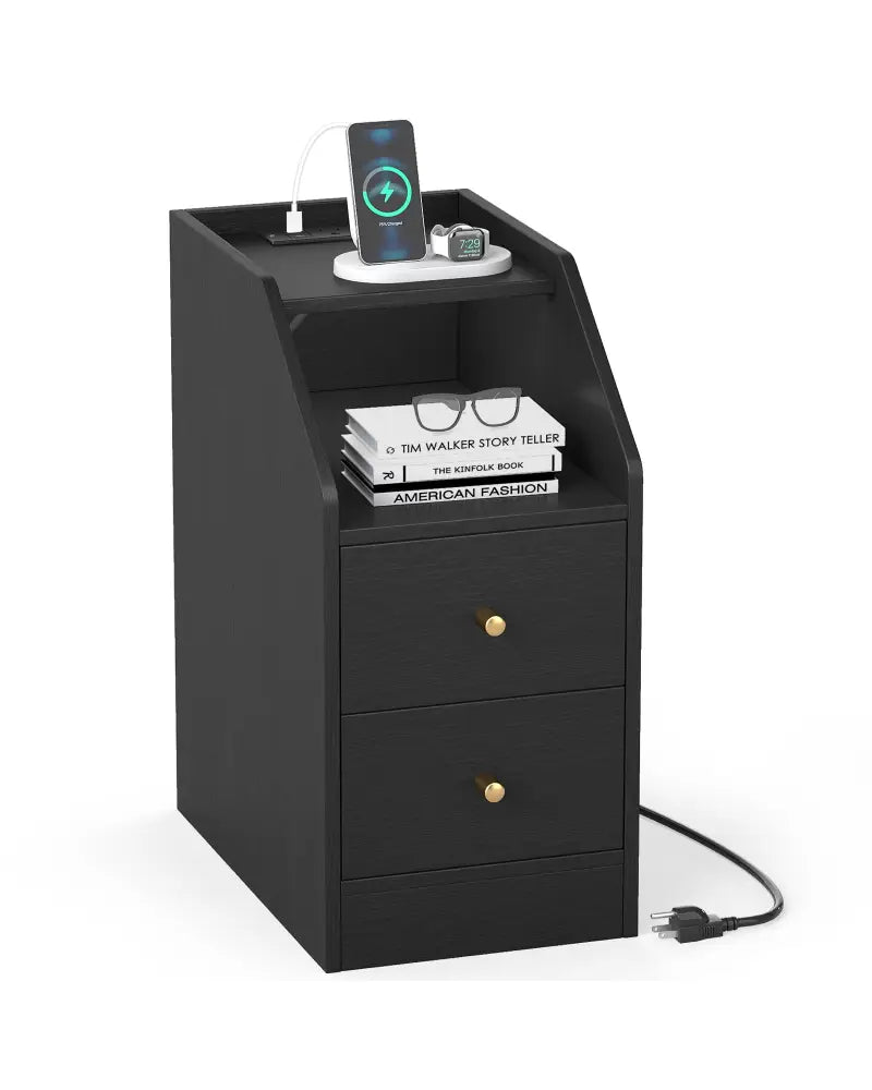 Side End Table with Charging Station Sofa Couch Table with Shelf Drawers-Black - Black - End & Side Tables