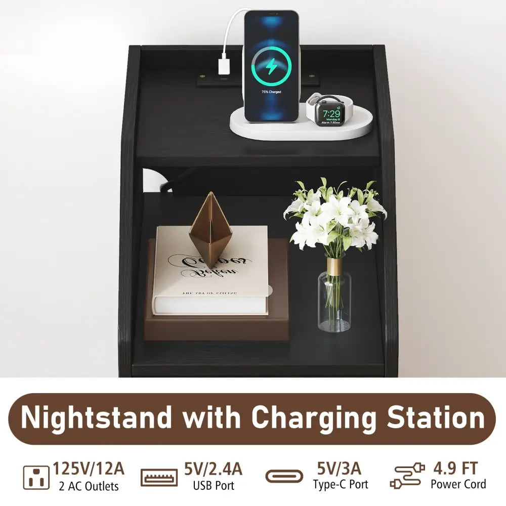 Side End Table with Charging Station Sofa Couch Table with Shelf Drawers-Black - Black - End & Side Tables