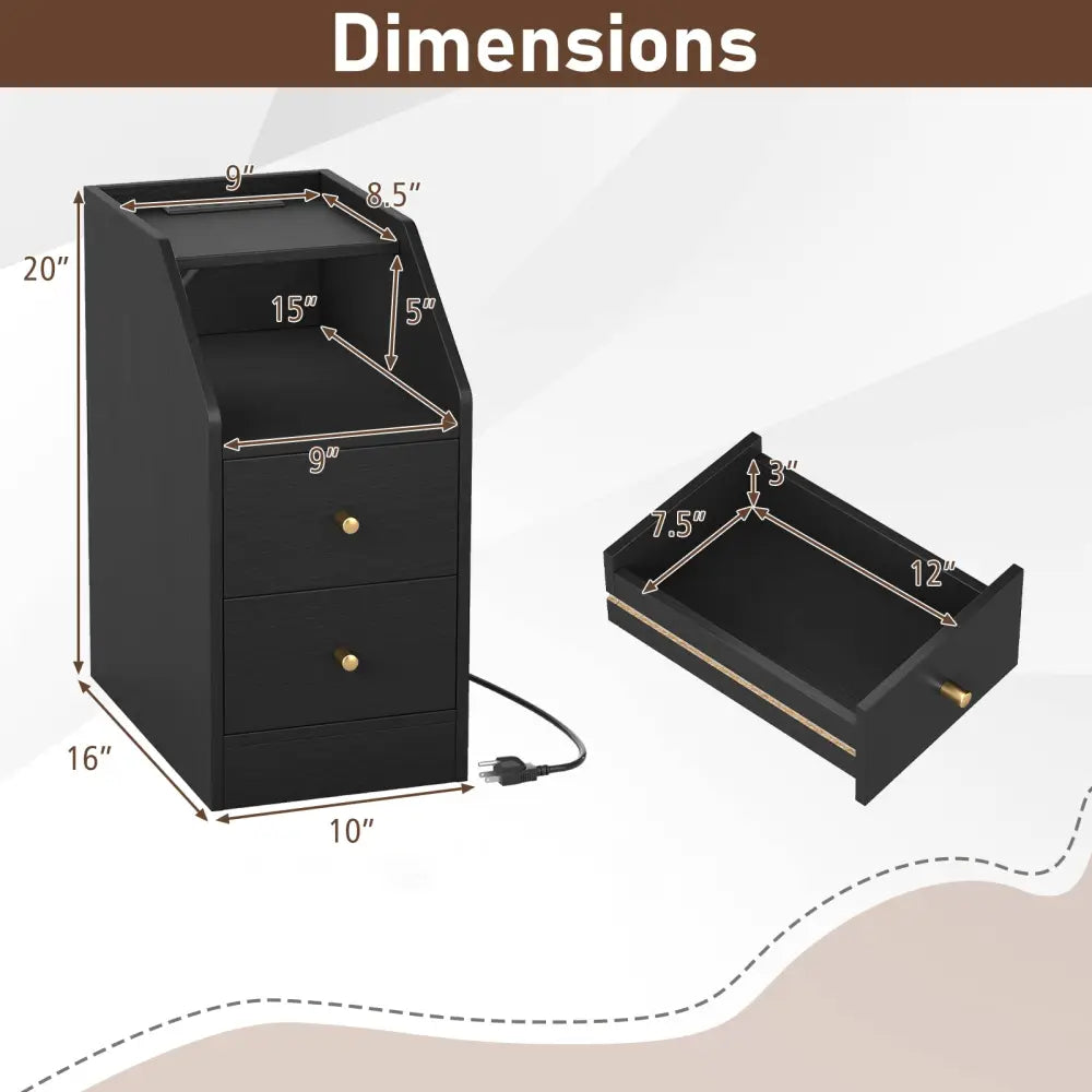 Side End Table with Charging Station Sofa Couch Table with Shelf Drawers-Black - Black - End & Side Tables