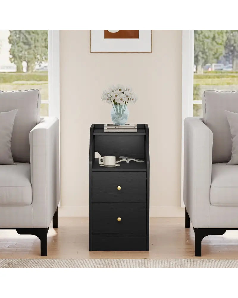Side End Table with Charging Station Sofa Couch Table with Shelf Drawers-Black - Black - End & Side Tables