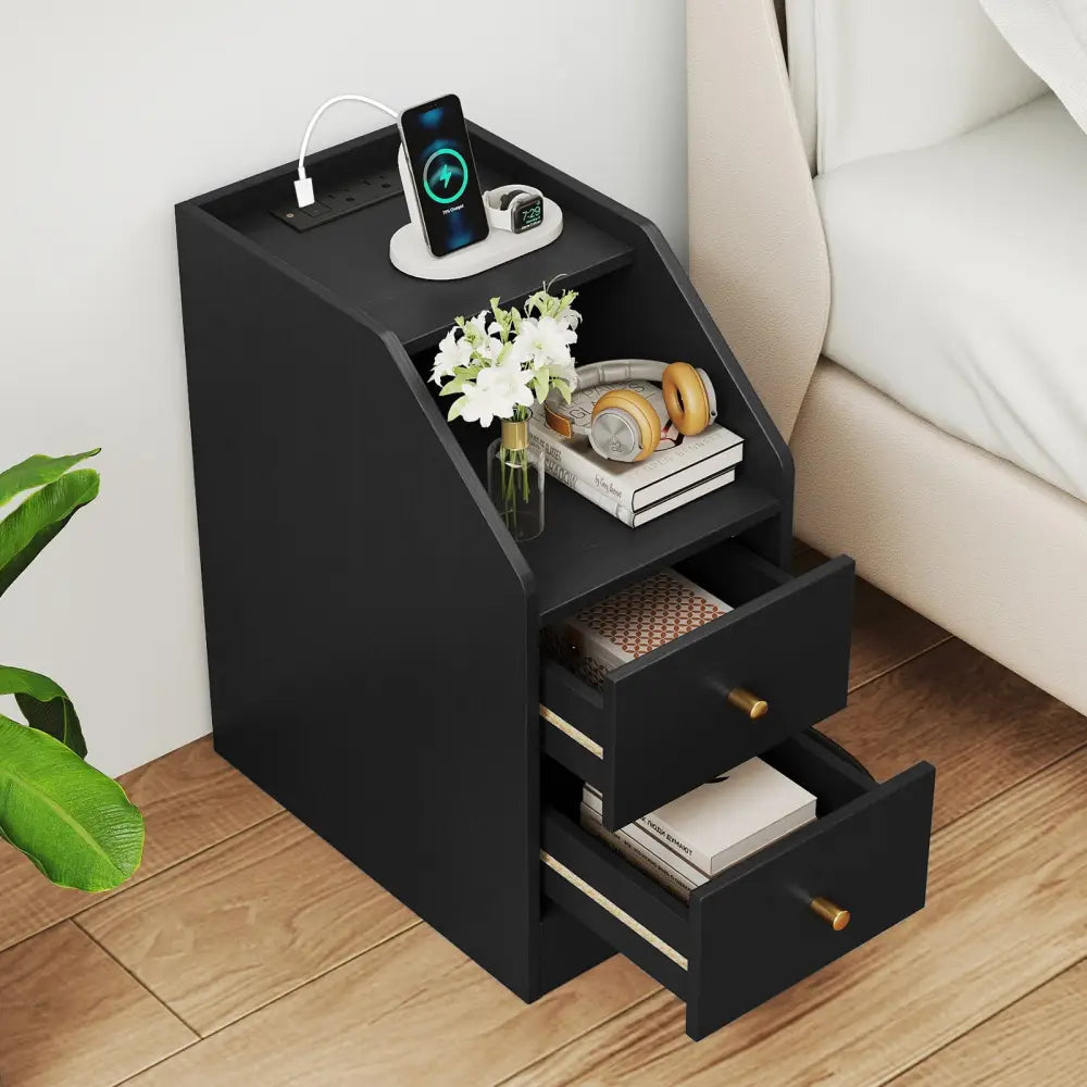 Side End Table with Charging Station Sofa Couch Table with Shelf Drawers-Black - Black - End & Side Tables