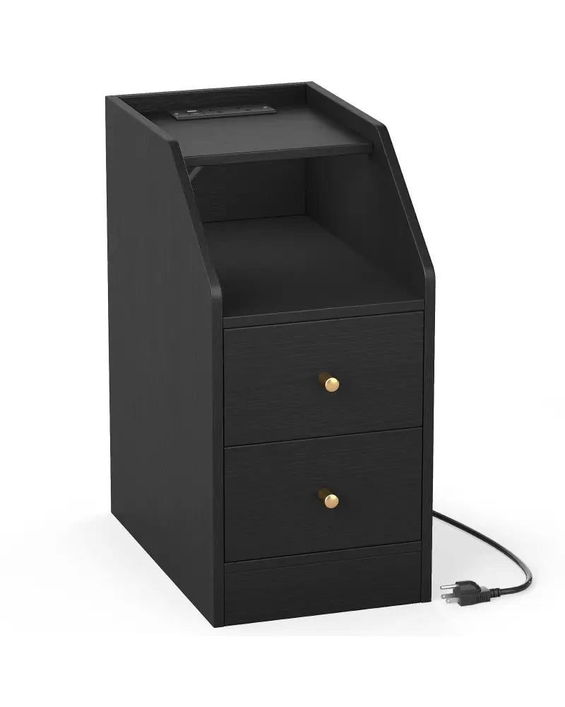 Side End Table with Charging Station Sofa Couch Table with Shelf Drawers-Black - Black - End & Side Tables