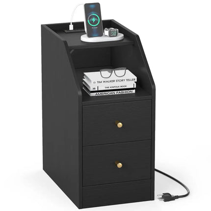 Side End Table with Charging Station Sofa Couch Table with Shelf Drawers-Black - Black - End & Side Tables