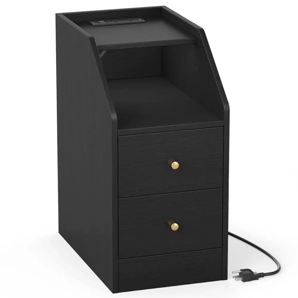 Side End Table with Charging Station Sofa Couch Table with Shelf Drawers-Black - Black - End & Side Tables