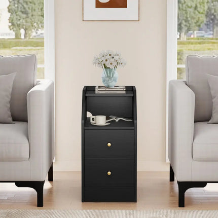 Side End Table with Charging Station Sofa Couch Table with Shelf Drawers-Black - Black - End & Side Tables
