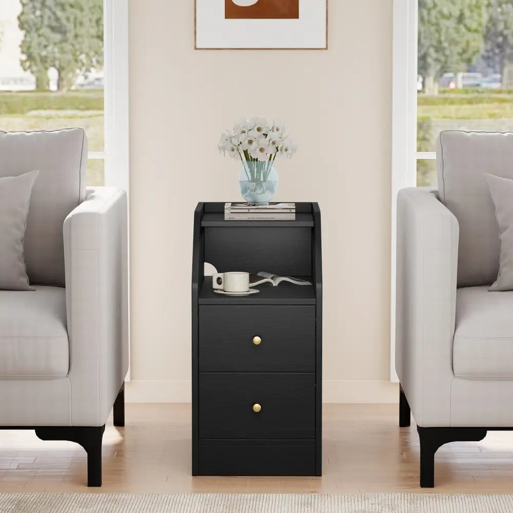 Side End Table with Charging Station Sofa Couch Table with Shelf Drawers-Black - Black - End & Side Tables