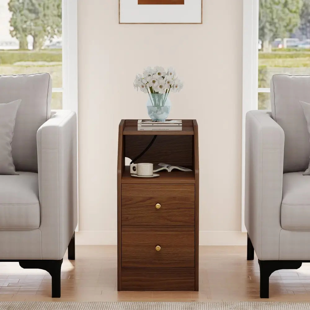 Side End Table with Charging Station Sofa Couch Table with Shelf Drawers-Walnut - Walnut - End & Side Tables