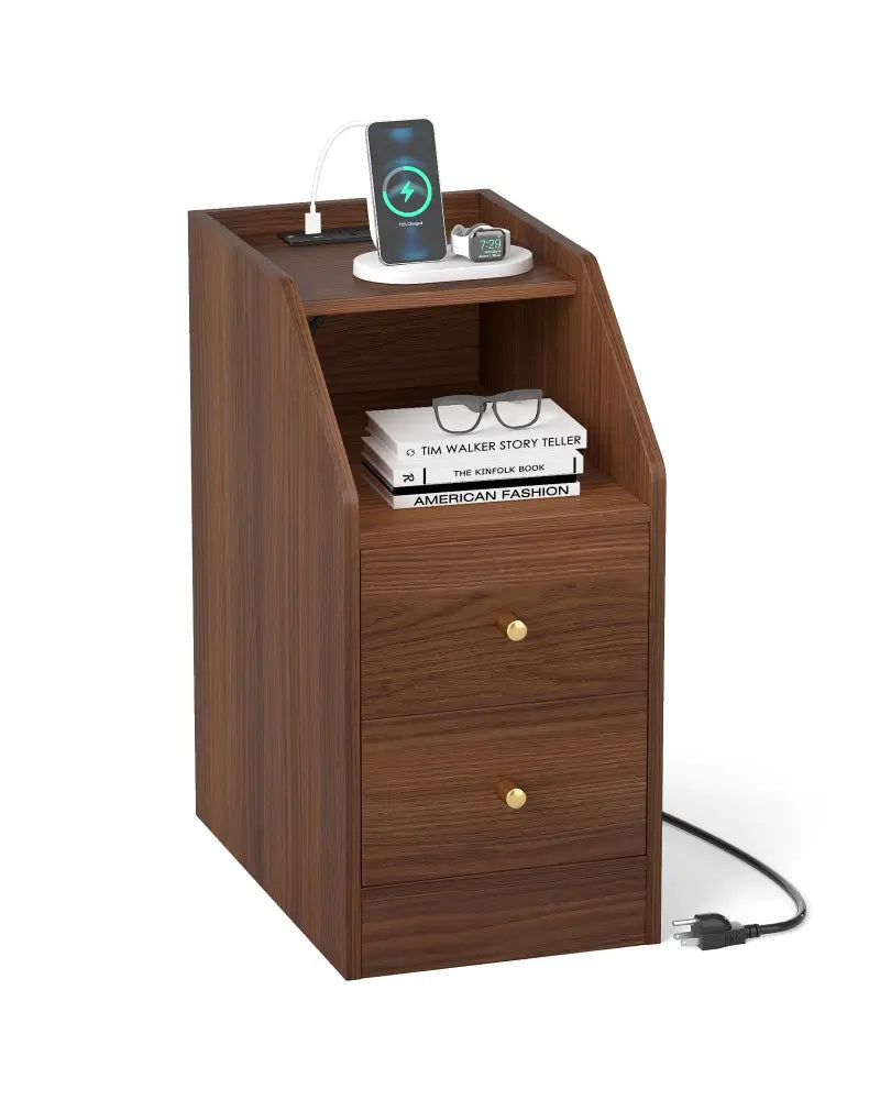 Side End Table with Charging Station Sofa Couch Table with Shelf Drawers-Walnut - Walnut - End & Side Tables