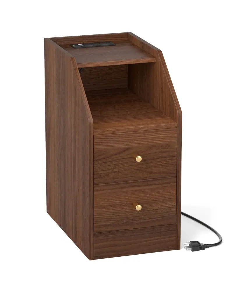 Side End Table with Charging Station Sofa Couch Table with Shelf Drawers-Walnut - Walnut - End & Side Tables
