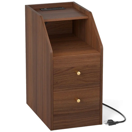 Side End Table with Charging Station Sofa Couch Table with Shelf Drawers-Walnut - Walnut - End & Side Tables