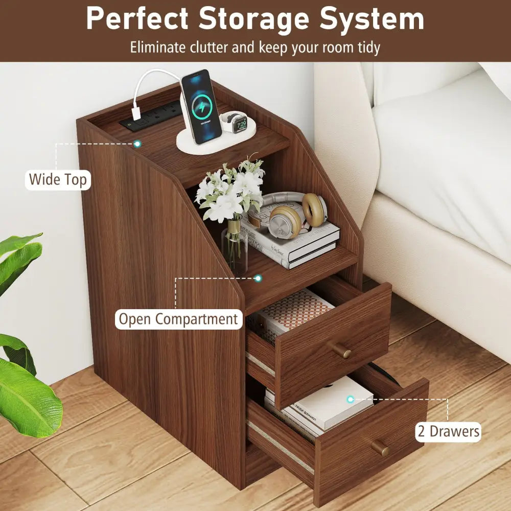 Side End Table with Charging Station Sofa Couch Table with Shelf Drawers-Walnut - Walnut - End & Side Tables