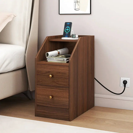 Side End Table with Charging Station Sofa Couch Table with Shelf Drawers-Walnut - Walnut - End & Side Tables