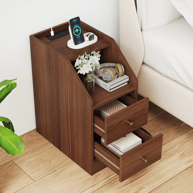 Side End Table with Charging Station Sofa Couch Table with Shelf Drawers-Walnut - Walnut - End & Side Tables