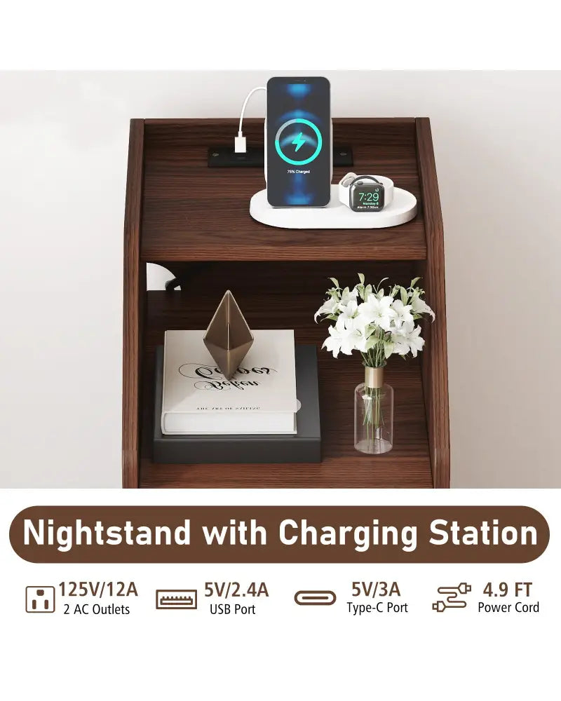 Side End Table with Charging Station Sofa Couch Table with Shelf Drawers-Walnut - Walnut - End & Side Tables