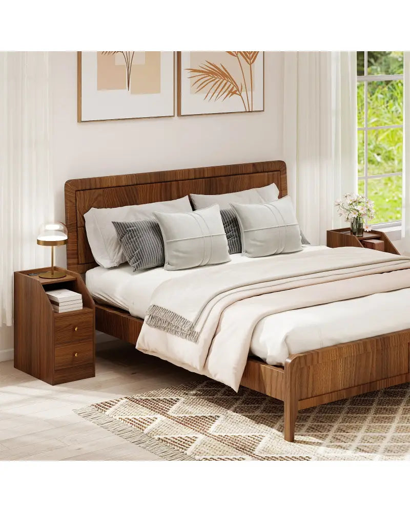 Side End Table with Charging Station Sofa Couch Table with Shelf Drawers-Walnut - Walnut - End & Side Tables