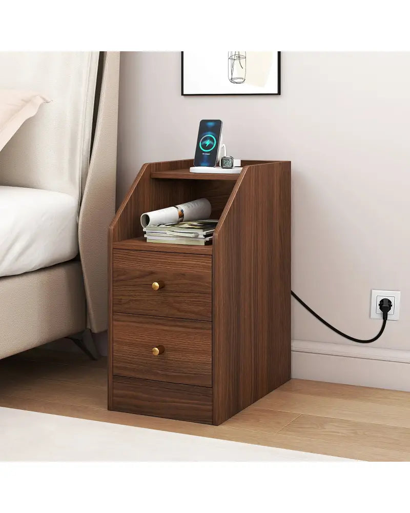 Side End Table with Charging Station Sofa Couch Table with Shelf Drawers-Walnut - Walnut - End & Side Tables