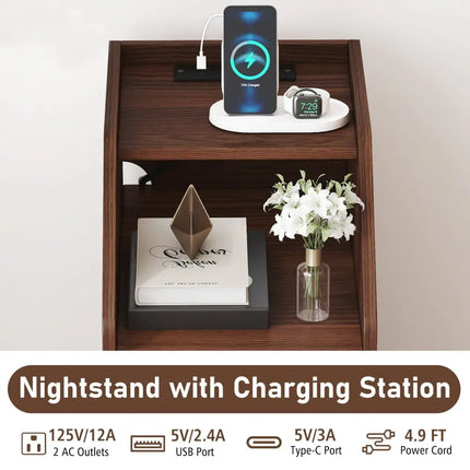 Side End Table with Charging Station Sofa Couch Table with Shelf Drawers-Walnut - Walnut - End & Side Tables