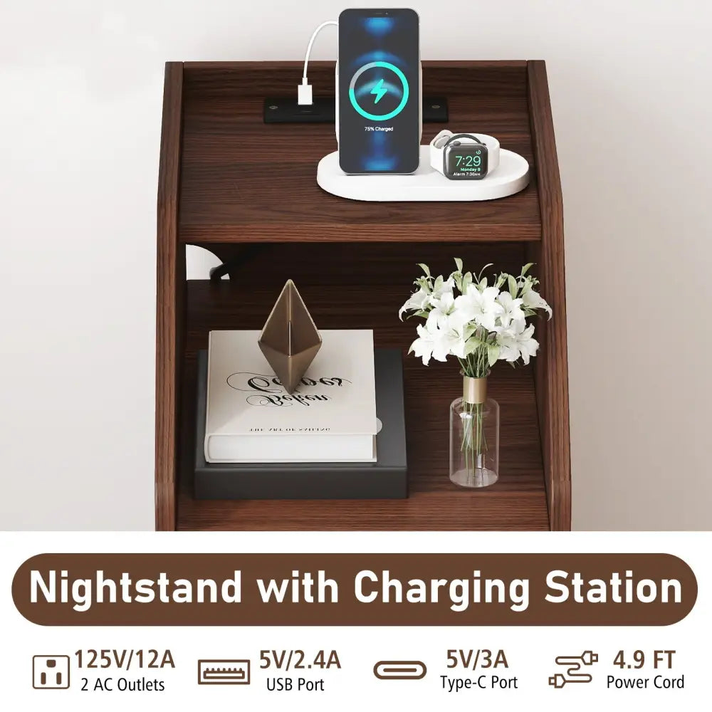 Side End Table with Charging Station Sofa Couch Table with Shelf Drawers-Walnut - Walnut - End & Side Tables