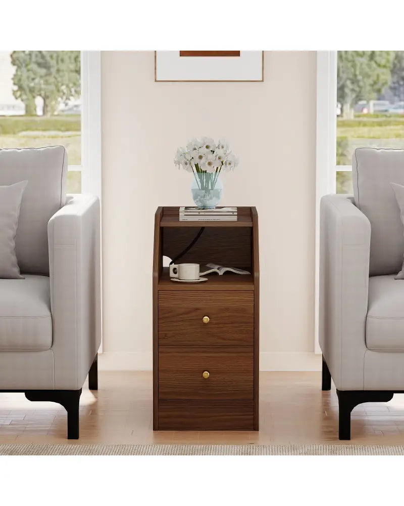 Side End Table with Charging Station Sofa Couch Table with Shelf Drawers-Walnut - Walnut - End & Side Tables