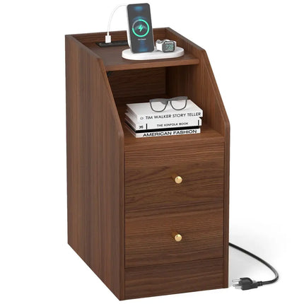 Side End Table with Charging Station Sofa Couch Table with Shelf Drawers-Walnut - Walnut - End & Side Tables