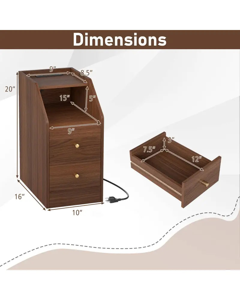 Side End Table with Charging Station Sofa Couch Table with Shelf Drawers-Walnut - Walnut - End & Side Tables