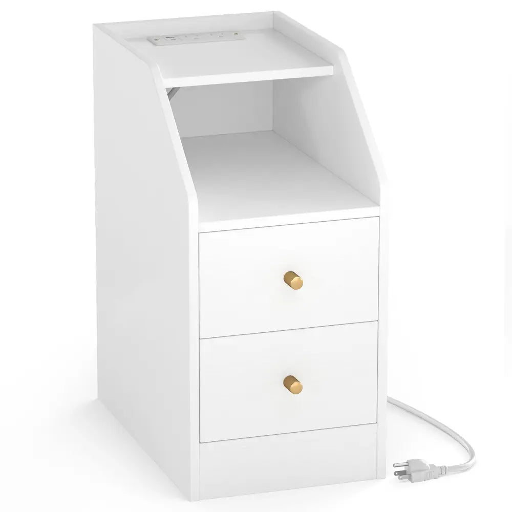 Side End Table with Charging Station Sofa Couch Table with Shelf Drawers-White - White - End & Side Tables