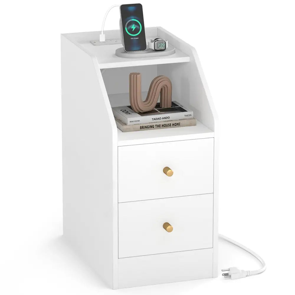 Side End Table with Charging Station Sofa Couch Table with Shelf Drawers-White - White - End & Side Tables