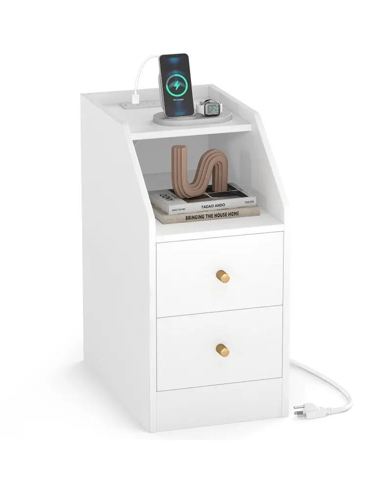 Side End Table with Charging Station Sofa Couch Table with Shelf Drawers-White - White - End & Side Tables