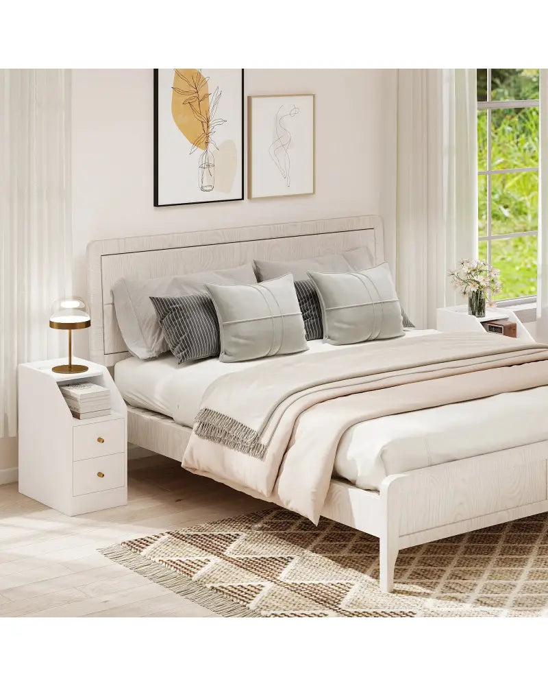 Side End Table with Charging Station Sofa Couch Table with Shelf Drawers-White - White - End & Side Tables